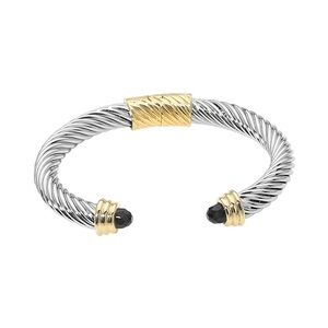 Two Tone Cable Cuff Bracelet With Black Cabochon